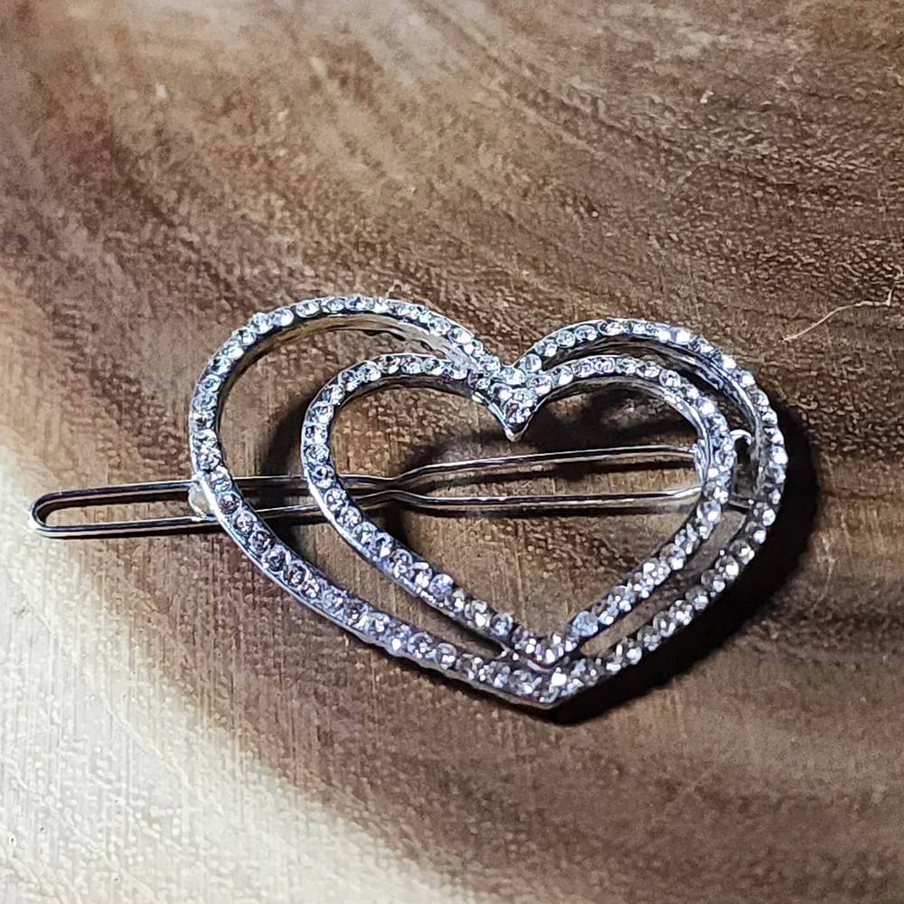Elegant Hair Clip or Barrette with Silver Tone, Crystal Encrusted Double Hearts